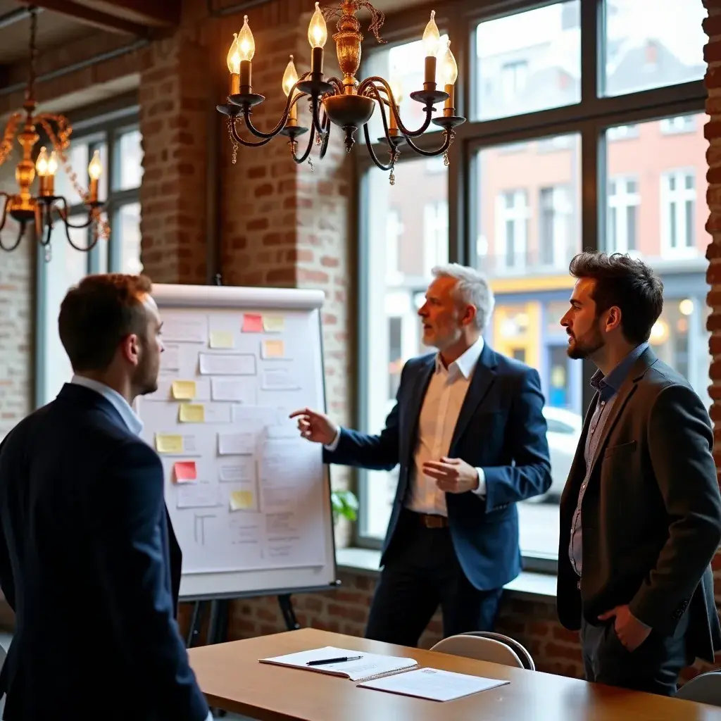 Présentation d'une stratégie d'entreprise sur un tableau blanc.